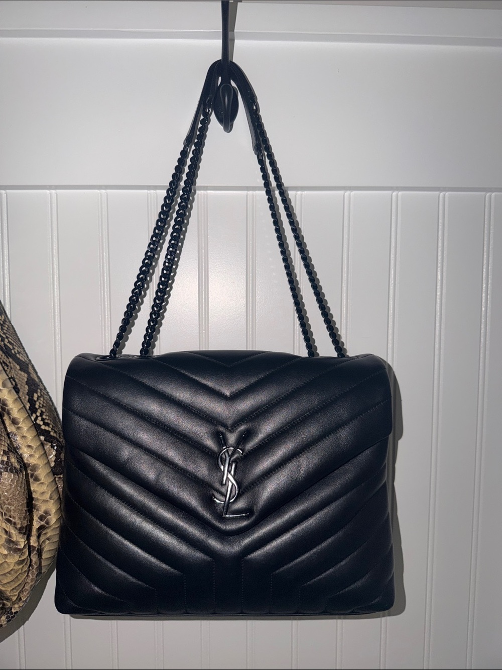 Saint Laurent Black Quilted Chevron Shoulder Bag with Chain Strap